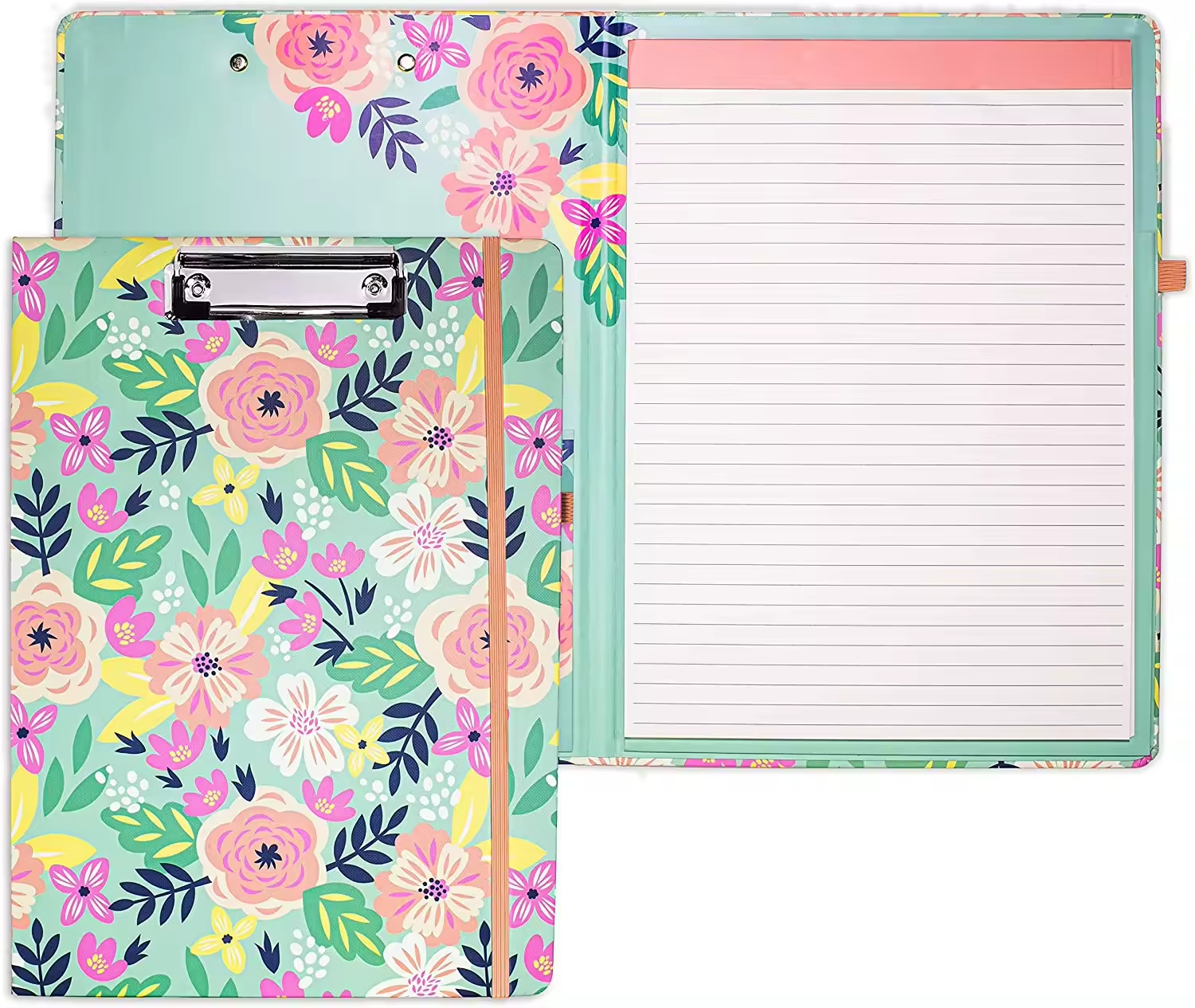 Floral Storage Folding Clipboard Folio with Refillable Lined Notepad And Interior Storage Pocket
