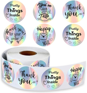 Custom Thank You Logo Stickers 500pcs Adhesive Label Sticker Paper Rainbow Silver Roll for Business Package Box Gift Present