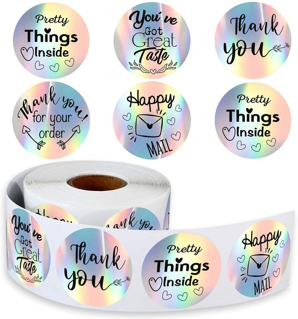 Custom Thank You Logo Stickers 500pcs Adhesive Label Sticker Paper Rainbow Silver Roll for Business Package Box Gift Present