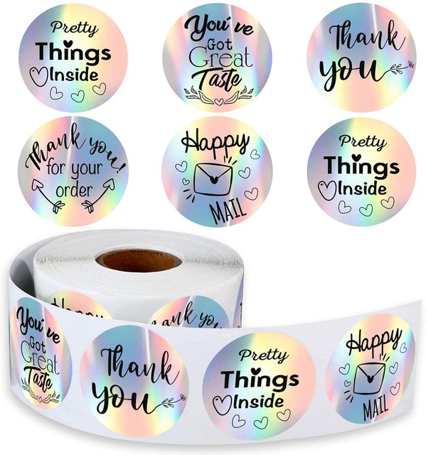 Custom Thank You Logo Stickers 500pcs Adhesive Label Sticker Paper Rainbow Silver Roll for Business Package Box Gift Present