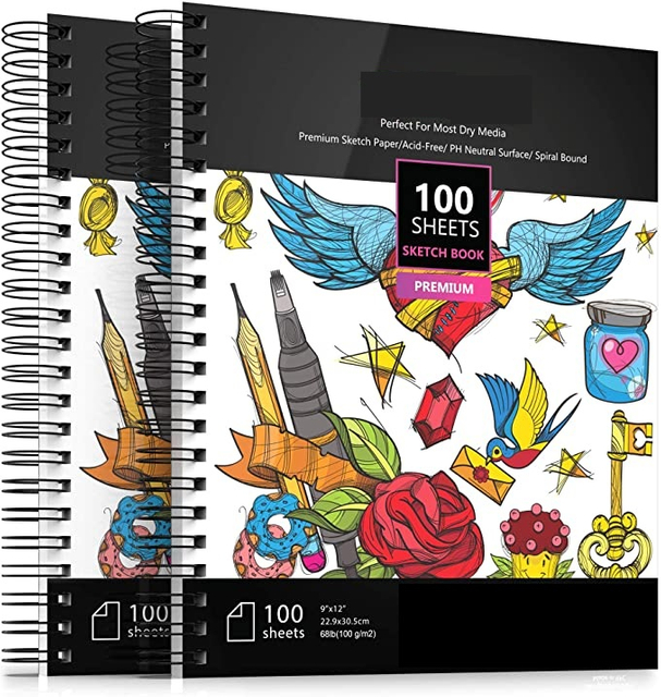 9x12" Premium Hard Cover Sketch Book Set Spiral Bound Kids Sketchbook Acid-Free Drawing Paper Watercolour Sketchbooks 