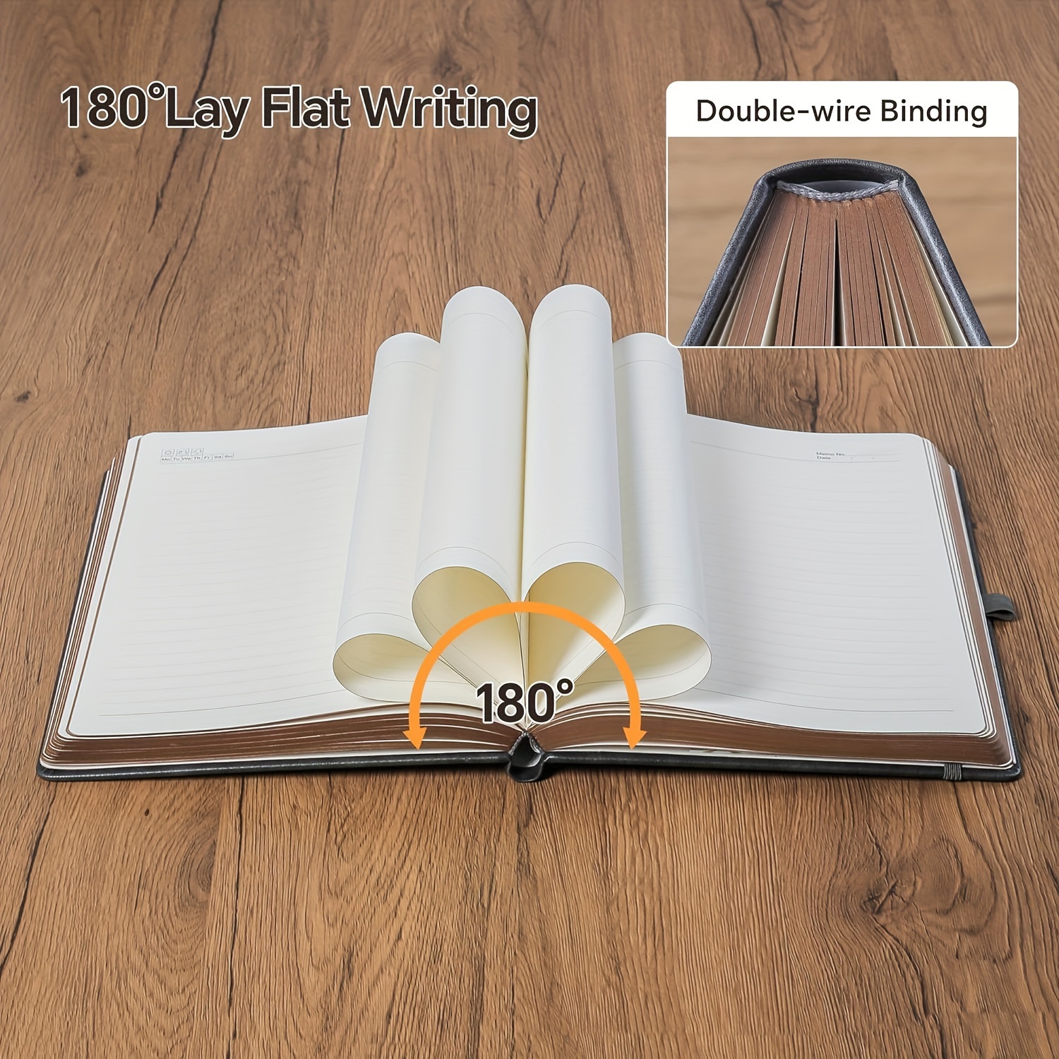 180° Lay Flat 360-Page A5 Hardcover Journal Notebook with Embossed Faux Leather Cover Pen Loop Elastic Closure Expandable Pocket