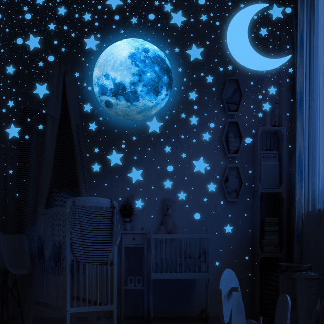Glow in The Dark Stars Circles 3d Wall Stickers with Crescent Moon Realistic Moon