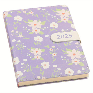 2025 Leather Floral Daily Planner Notebook with Flower Pattern, Daily Organizer Notebook with Button