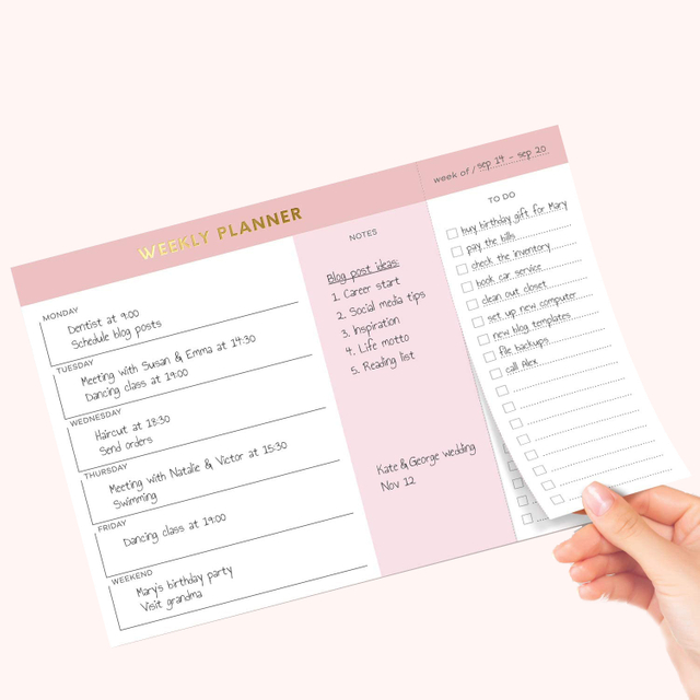 2021 Pink Gold 7''*10'' Size Weekly Planner Pad with Tear Off To Do List Custom Notepad Checklist Note Pad 