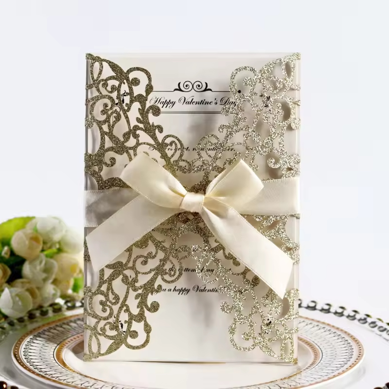 Glitter Paper Laser Cut Wedding Invitation Card With Ribbon Personalized Invitation Card