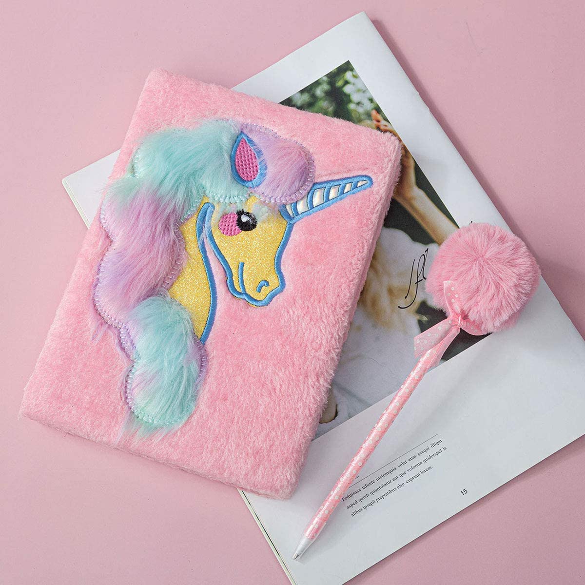 Unicorn Plush Notebook Gift Faux Fur Hardcover Diary Lined Travel Journal Set with Pom Pen for Girls