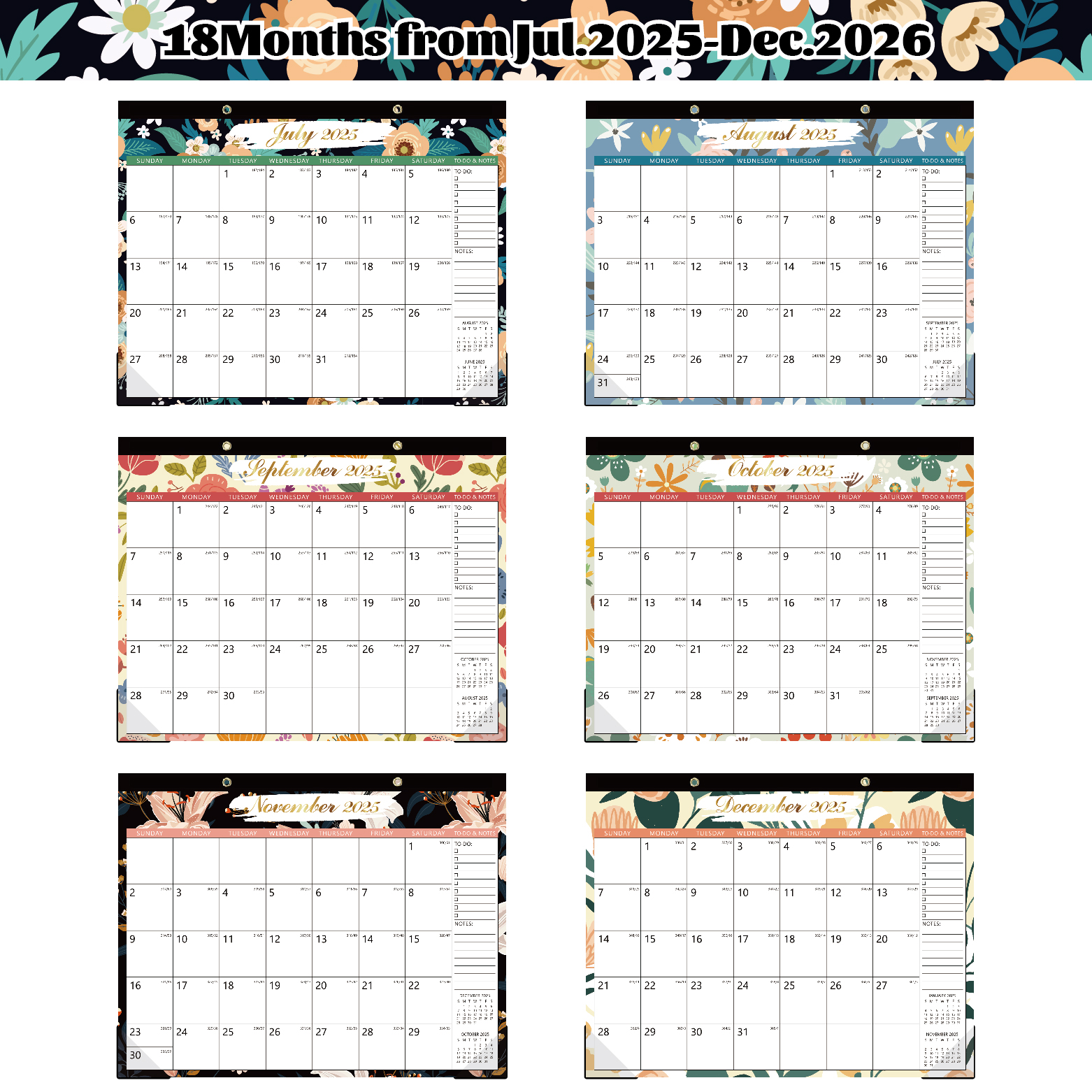 Floral Design Monthly Wall Calendar from Jul. 2025 - Dec. 2026 with Corner Protectors & Large Ruled Blocks