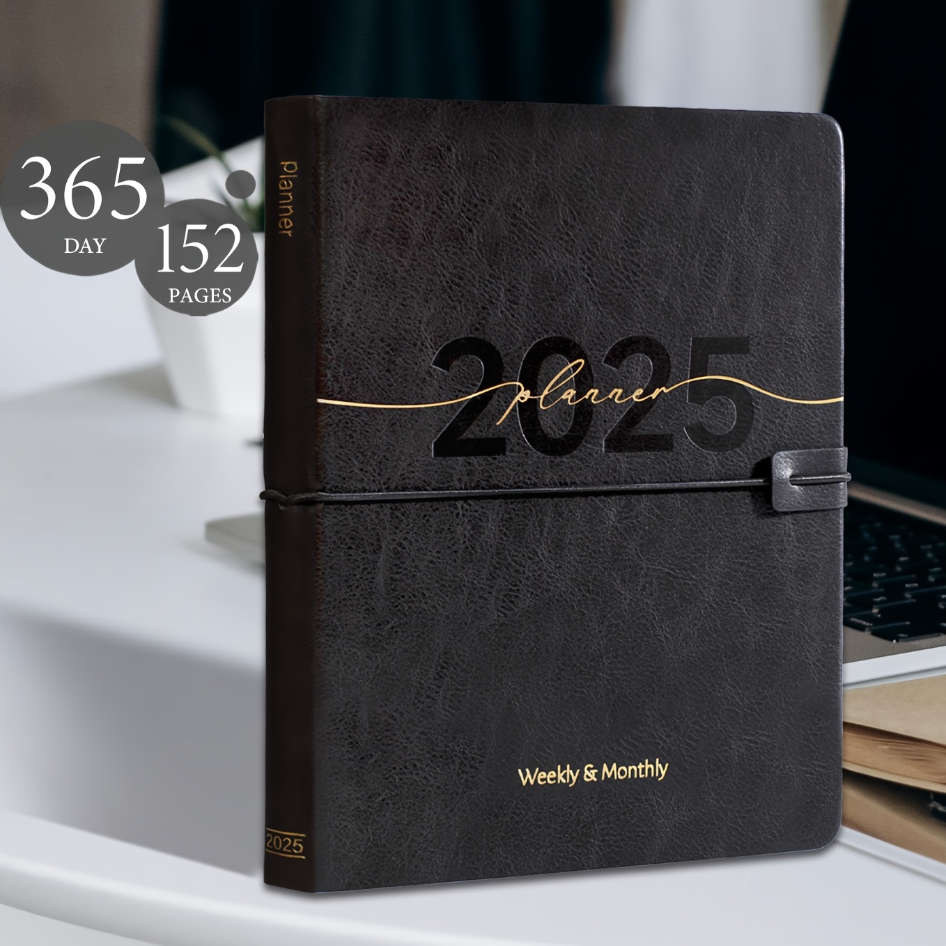 2025 A5 Leather Planner 365-Day Weekly & Monthly Organizer with Elastic Band Closure And Inner Pocket