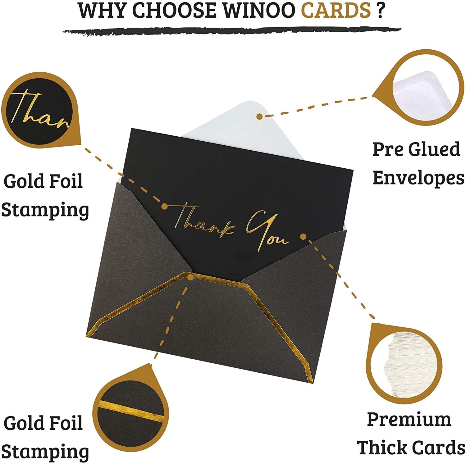 Custom Luxury Black Small Business Thank You Cards Gold Foil Business Card Printing with Envelopes 