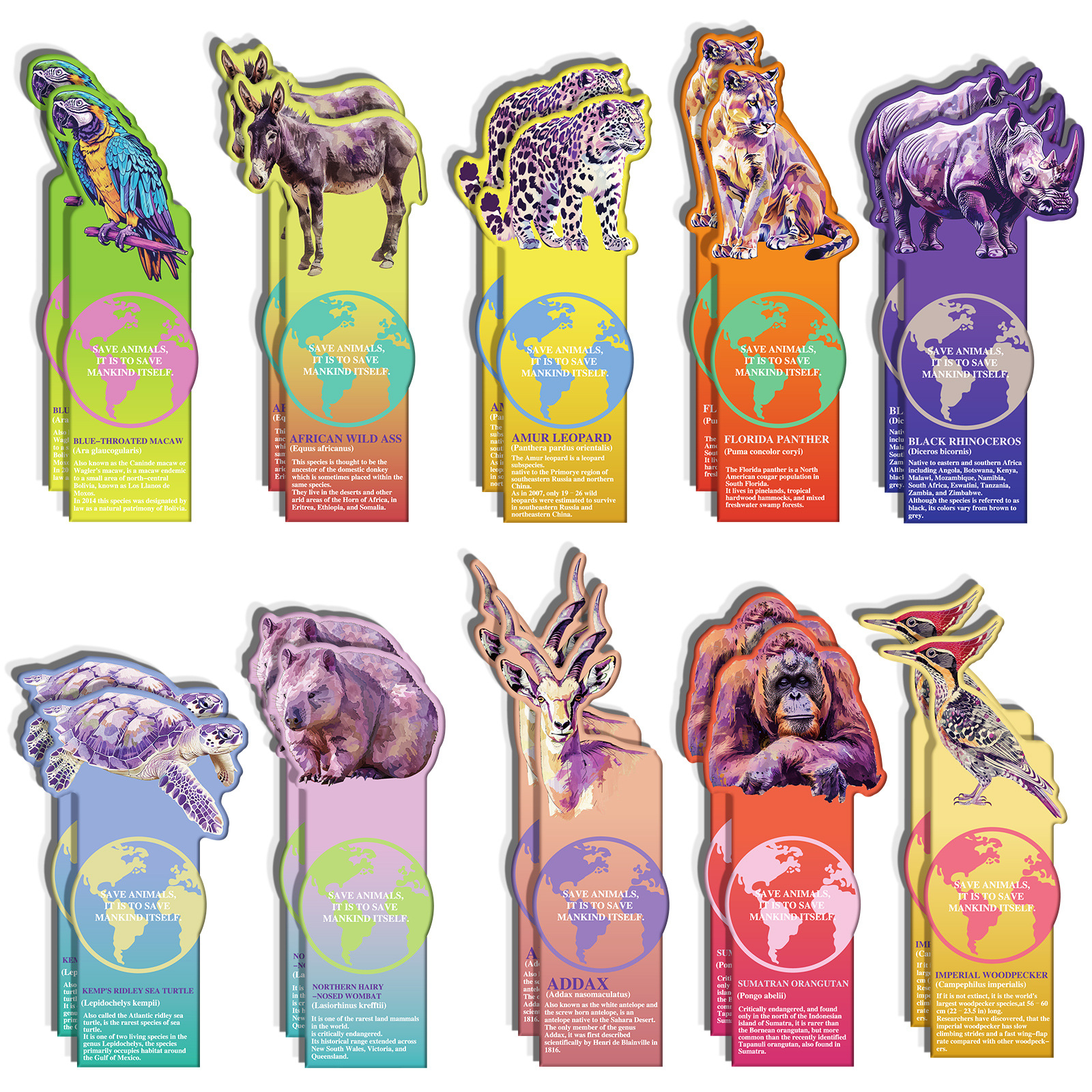Custom Printing Vivid Cute Colorful Book Mark Inspirational Save Animal Bulk Bookmarks for Kids