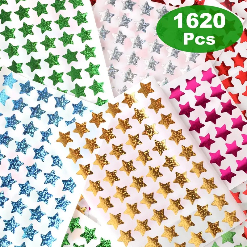 0.6" Diameter 6 Color Self Adhesive Holographic Small Shiny Star Stickers for Kids Reward Chart Behavior Chart Teacher Supplies