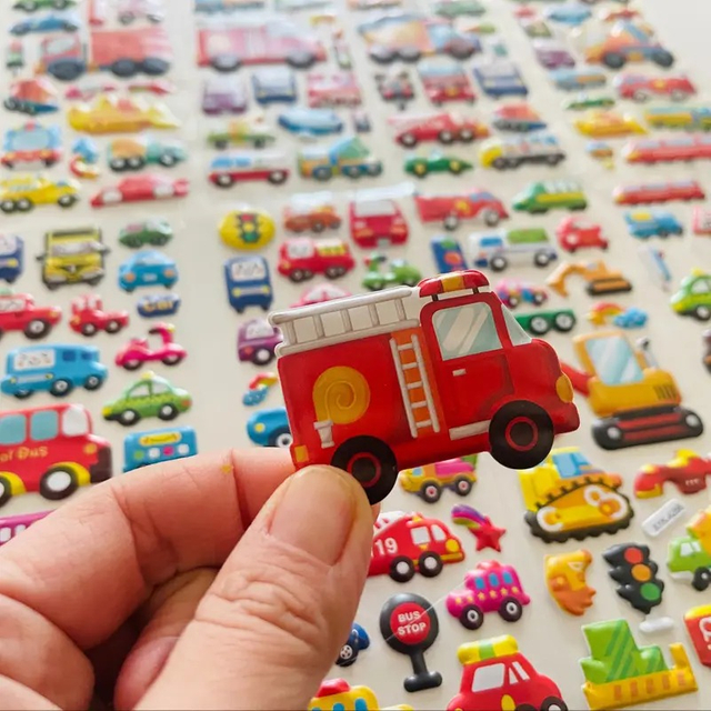Self-Adhesive 3D Puffy Vehicle Stickers Reusable Construction Tractor Bus Taxi Fire Truck Car Stickers for Kids Toddlers Boy