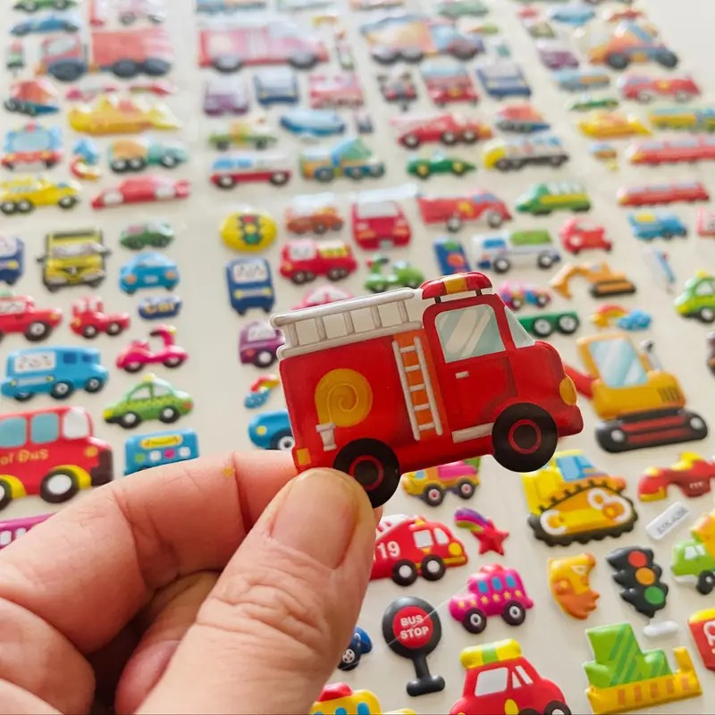 Self-Adhesive 3D Puffy Vehicle Stickers Reusable Construction Tractor Bus Taxi Fire Truck Car Stickers for Kids Toddlers Boy