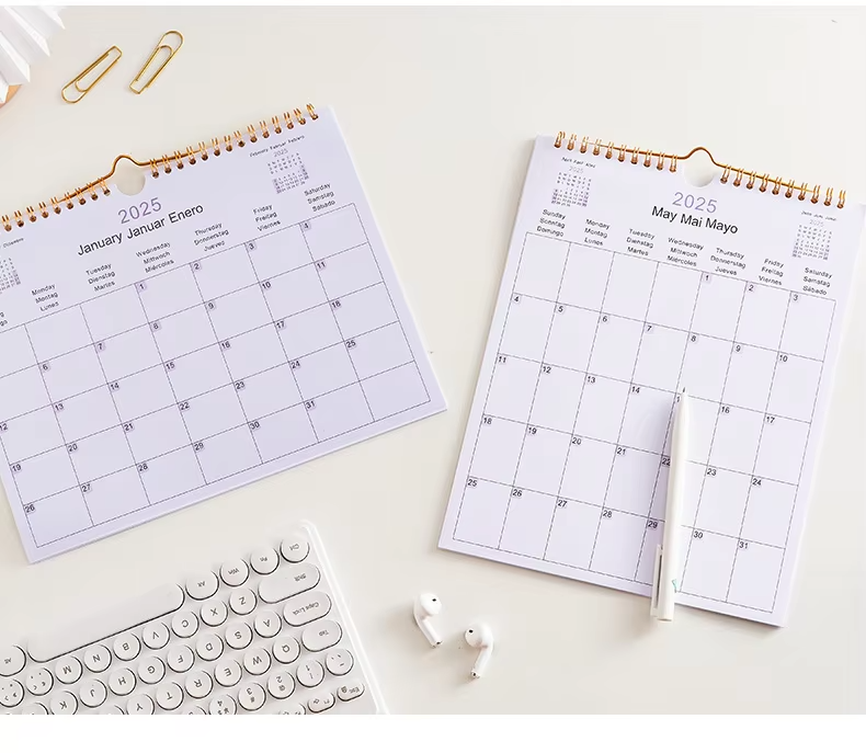 Free Design Available Spiral Binding New Year Calendar 2025 for Desk & Wall in English Spanish German