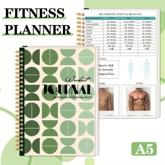 Spiral-Bound Laminated Cover A5 Spiral-Bound Fitness Planner Workout Journal Wellness Journal Notebook for Tracking Fitness