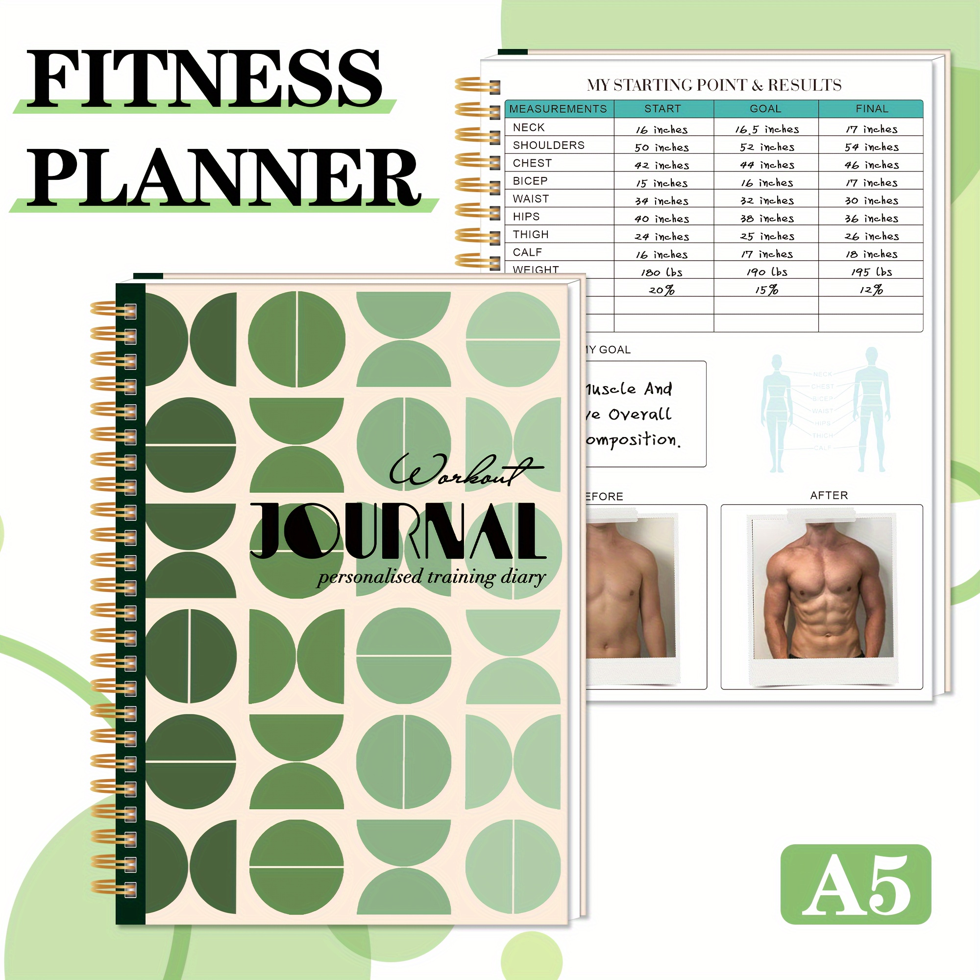 Spiral-Bound Laminated Cover A5 Spiral-Bound Fitness Planner Workout Journal Wellness Journal Notebook for Tracking Fitness