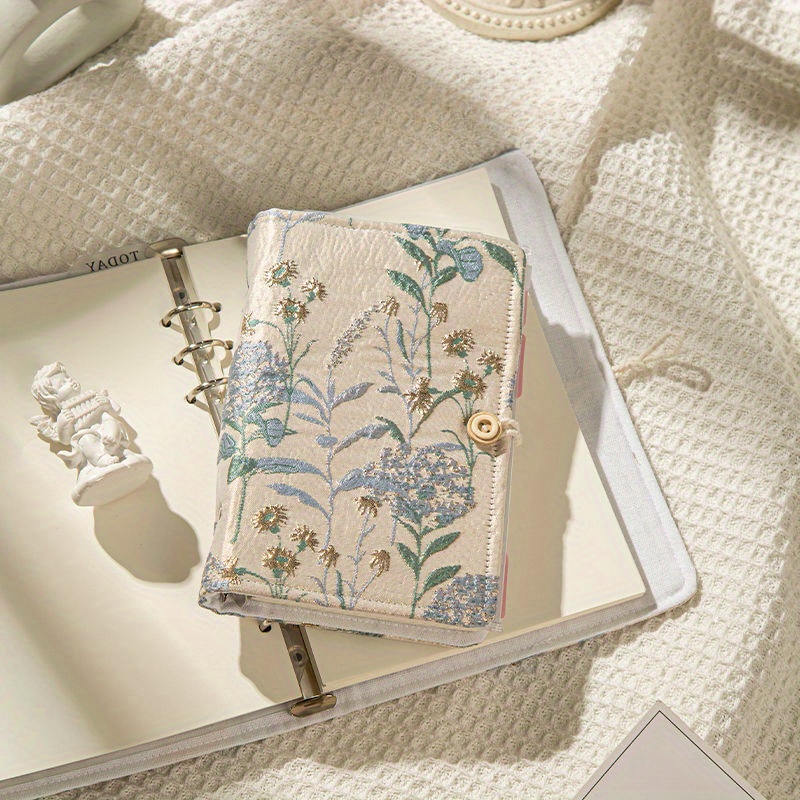 Vintage Flower Fabric Embroidery Floral Cover Loose-Leaf Notebook with Detachable Pages & Elegant Buttons