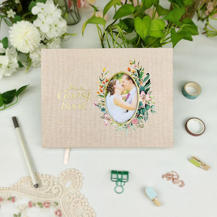 Elegant Gold Foil And Window Pocket Linen Cover Wedding Guest Book with Gold Crystal Diamond Pen And Table Sign for Party