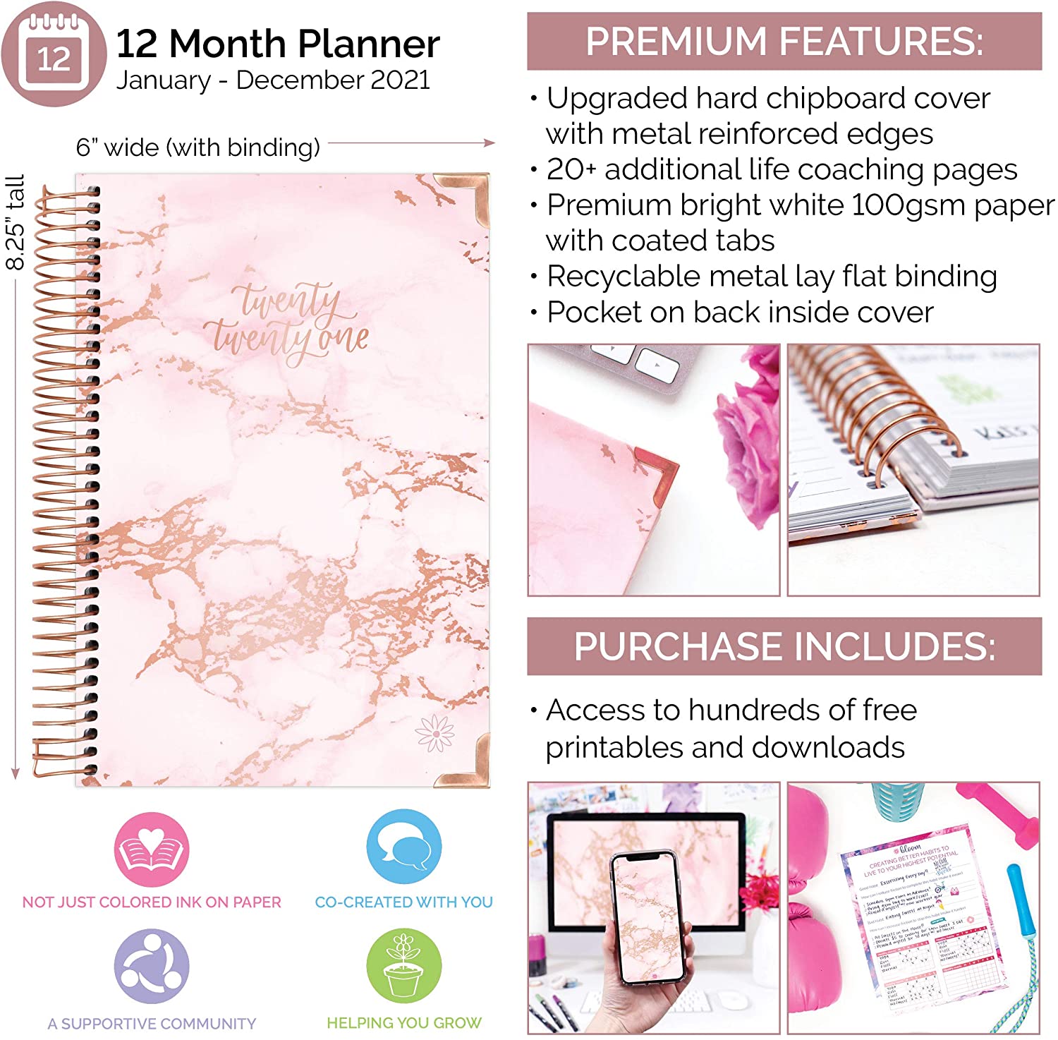 Hardcover Spiral Pink Marble Yearly Planners 2021 Notebook