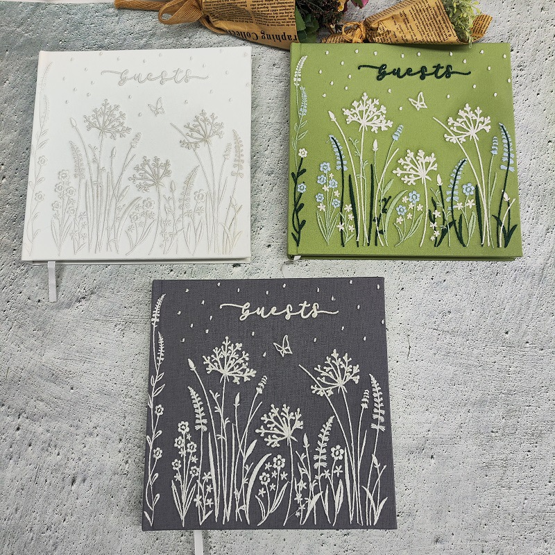 Lay-Flat Binding Embroidered Fabric Cloth Cover Guest Book Baby Shower Guest Book with Pen & Ribbon Bookmark
