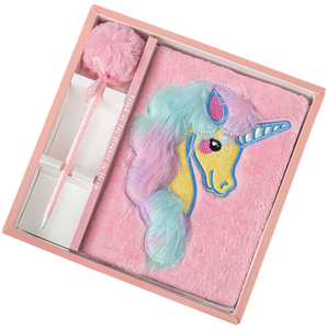 Unicorn Plush Notebook Gift Faux Fur Hardcover Diary Lined Travel Journal Set with Pom Pen for Girls