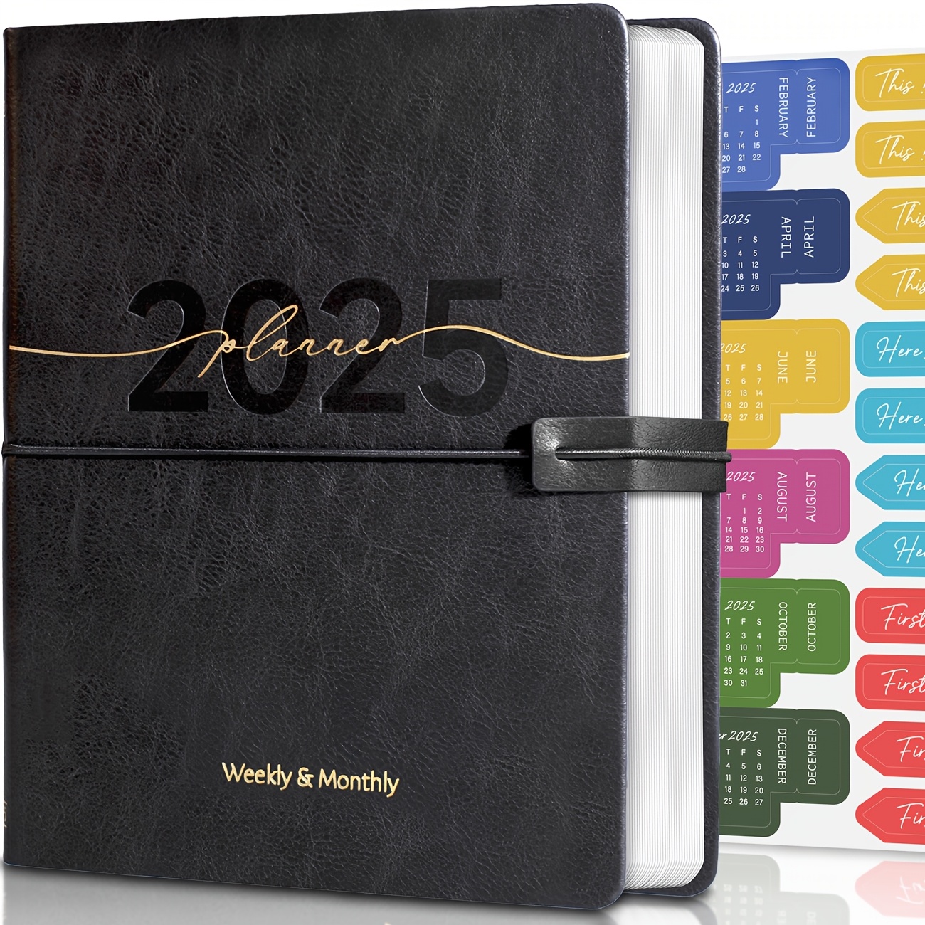 2025 A5 Leather Planner 365-Day Weekly & Monthly Organizer with Elastic Band Closure And Inner Pocket