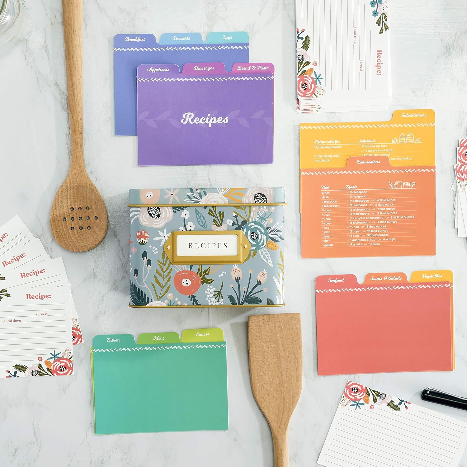 24 Recipe Card Dividers 4 X 6 Inches Index Card Dividers with Floral Pattern 1/3 Cut Tabbed Note Cards Helps Organize Recipe Box