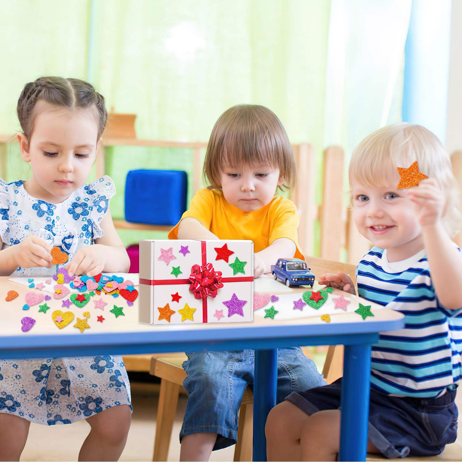 3D Custom Logo Children Colorful Glitter Foam Sticker Stars Heart Shapes Glitter Self Adhesive Puffy Sticker Play Set
