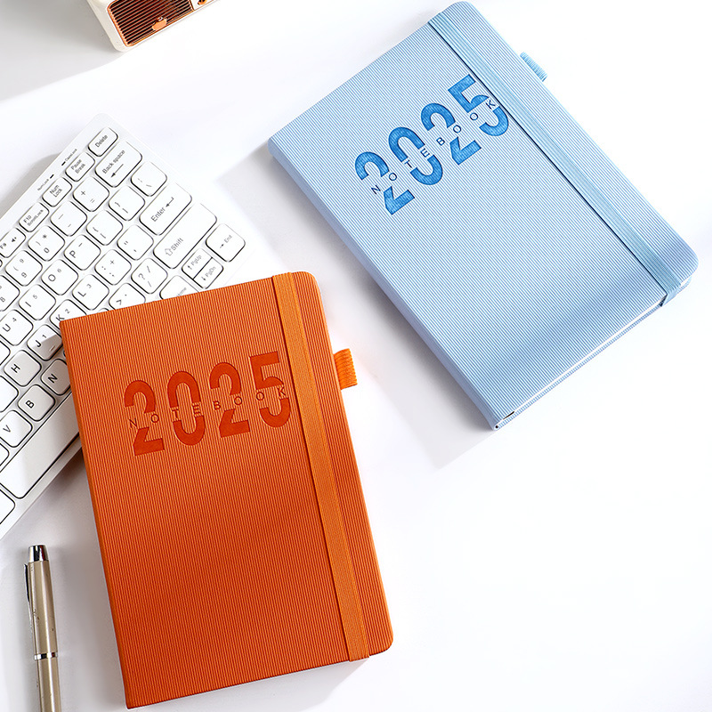 2025 Custom Logo New Year Personalised Unique Textured PU Cover Planner Diary And Calender with Elastic Strap & Ribbon Bookmark