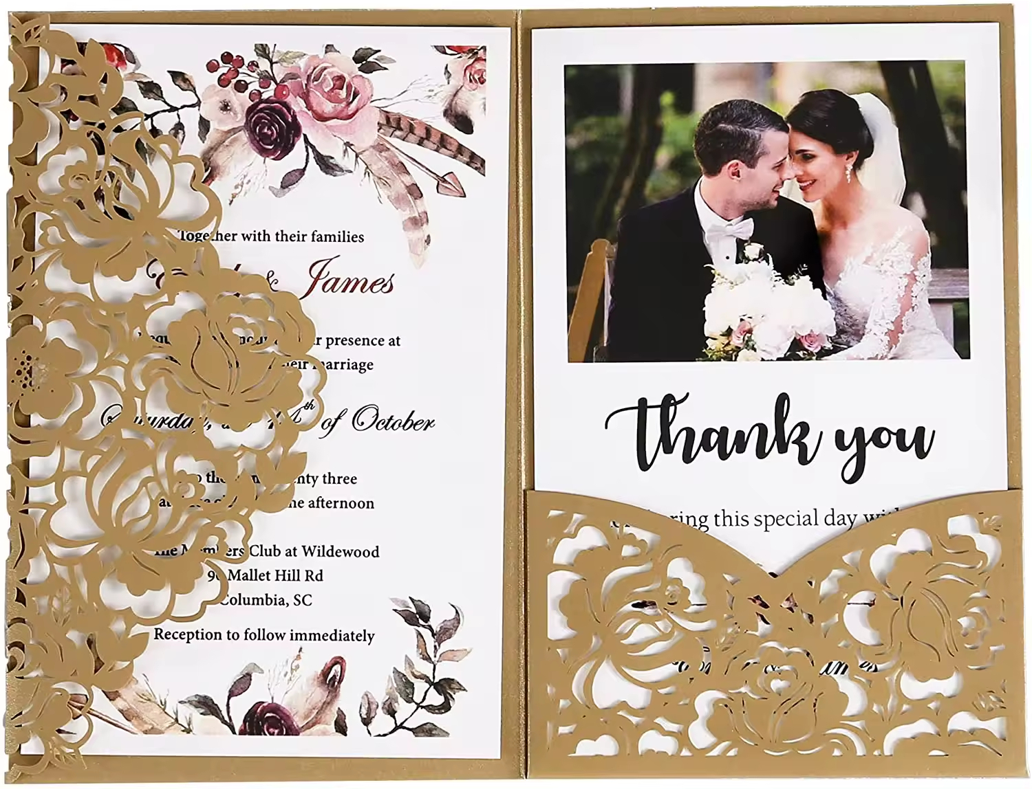 Blank Brown Gold Wedding Invitations Kits Laser Cut Wedding Invitation with Envelopes