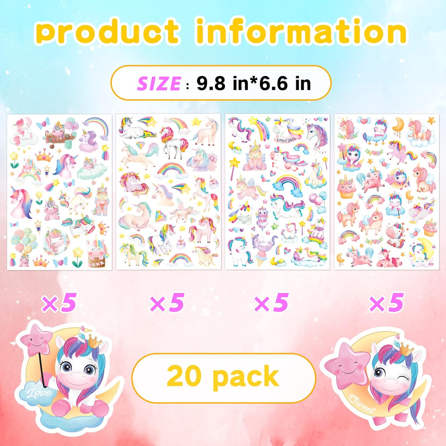 Cute Pink Unicorn Adhesive Stickers Rainbow Magical Star Unicorn Stickers for Girls Toddlers Birthday Invitations Envelopes Decorations 
