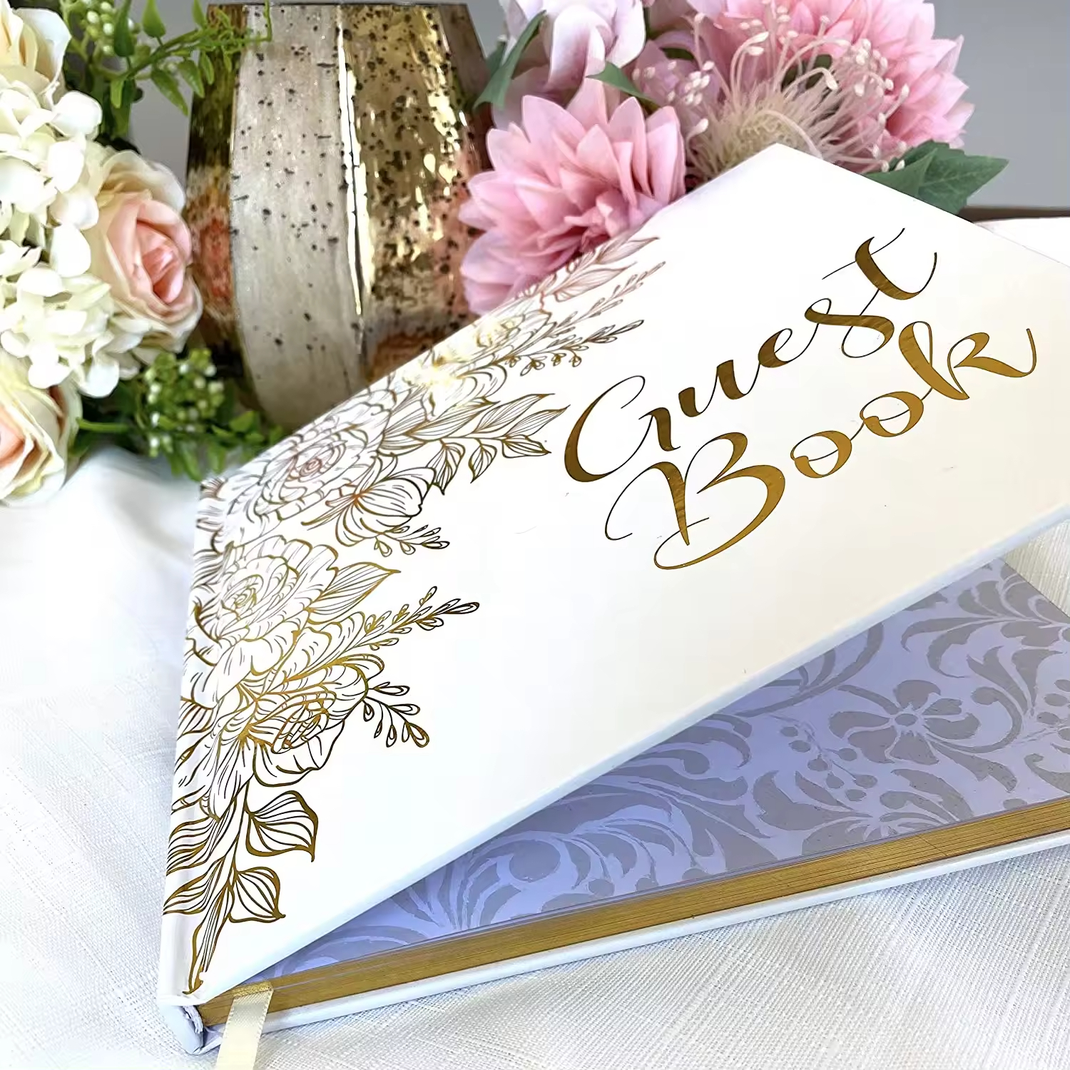 Hard Cover Gold Foil Gilded Edges Thick White Paper Photo Album Memory Sign in Wedding Guest Book with Pen