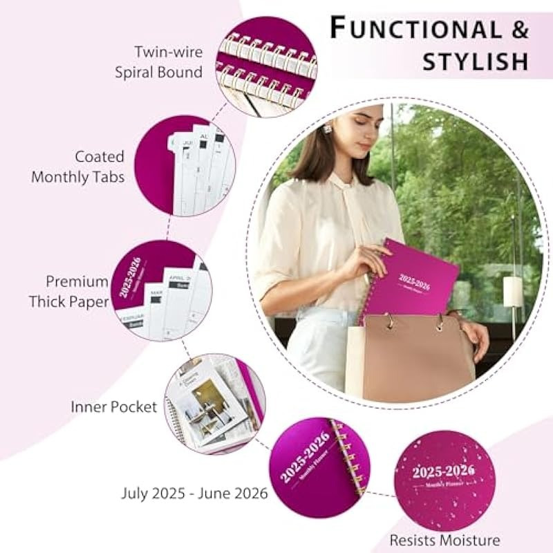 Jan 2025 to Dec 2026 Spiral Bound Monthly Planner with & Month Tabs & Durable Polypropylene Cover Water & Oil Resistant
