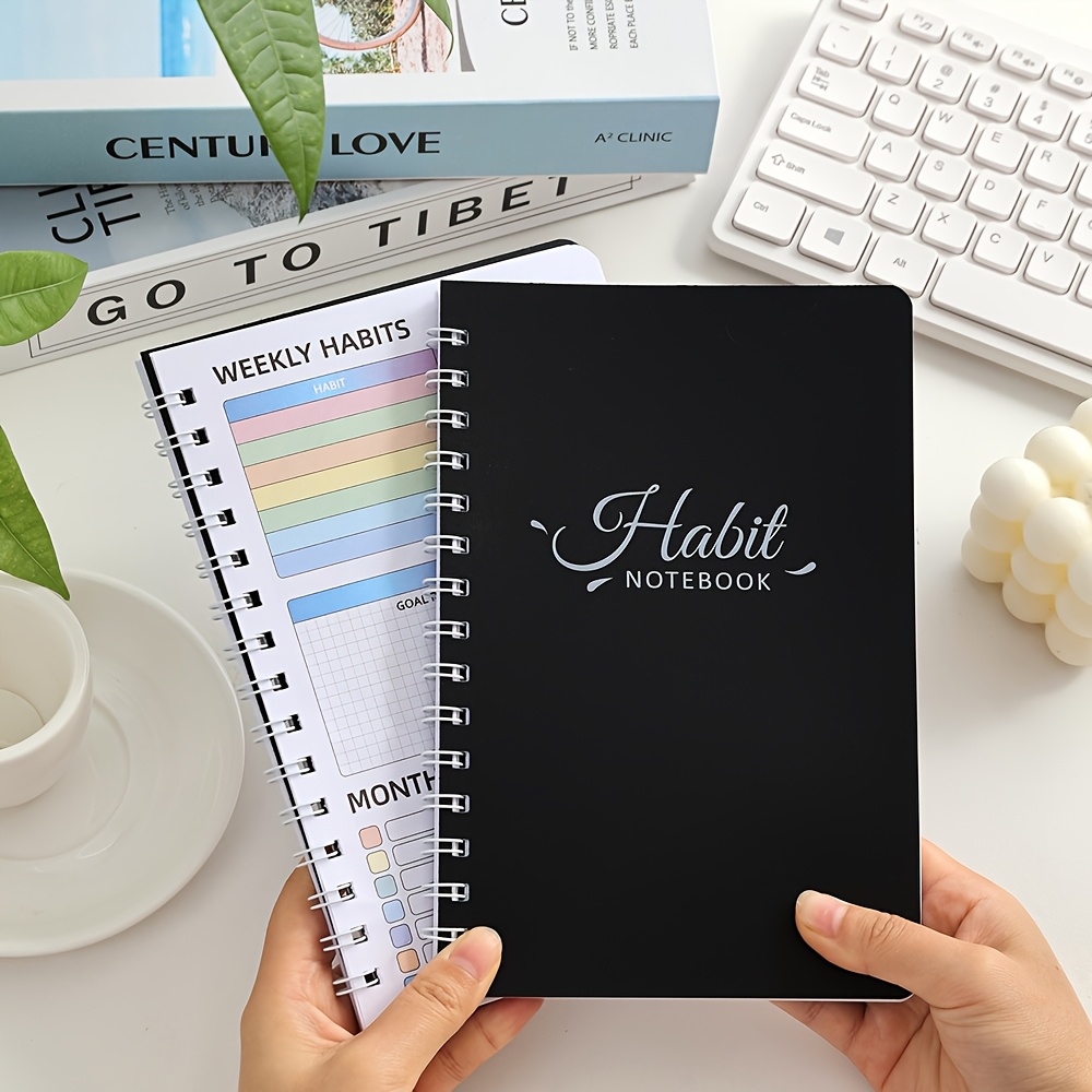 Black A5 Habit Notebook with PVC Cover Undated Daily, Weekly, Monthly Planner for Effective Goal Setting and Achievement