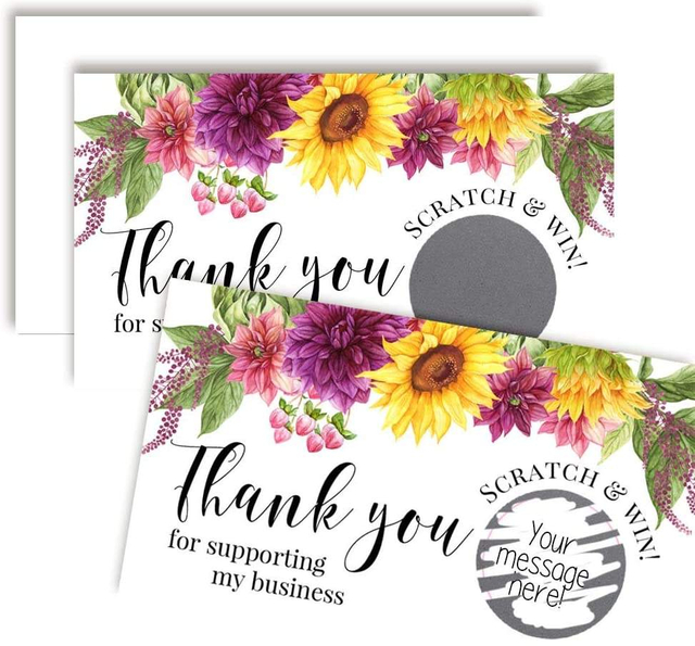 Sunflowers Floral Scratch Off Single Sided Insert Card Printing with Stickers for Small Businesses