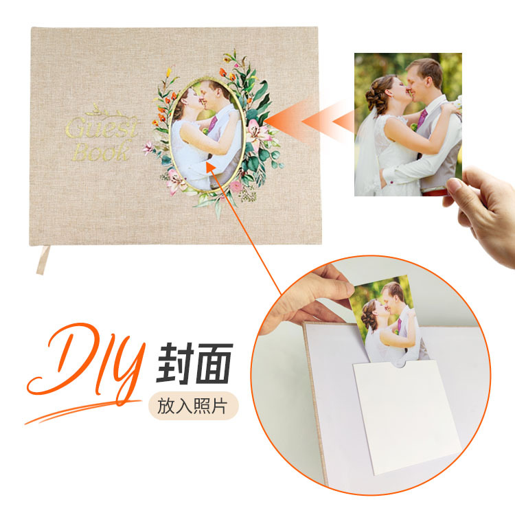 Elegant Gold Foil And Window Pocket Linen Cover Wedding Guest Book with Gold Crystal Diamond Pen And Table Sign for Party