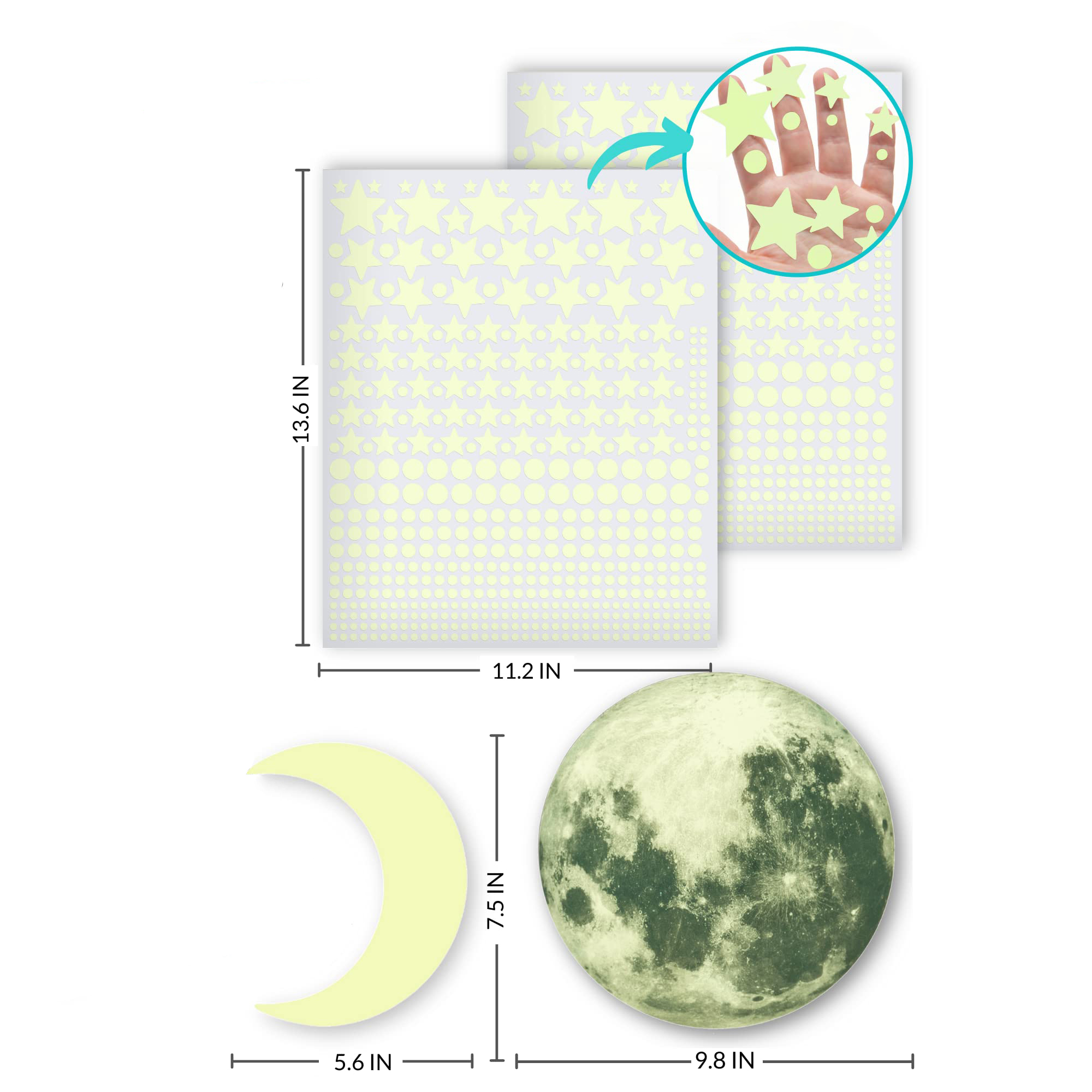 Glow in The Dark Stars Circles 3d Wall Stickers with Crescent Moon Realistic Moon