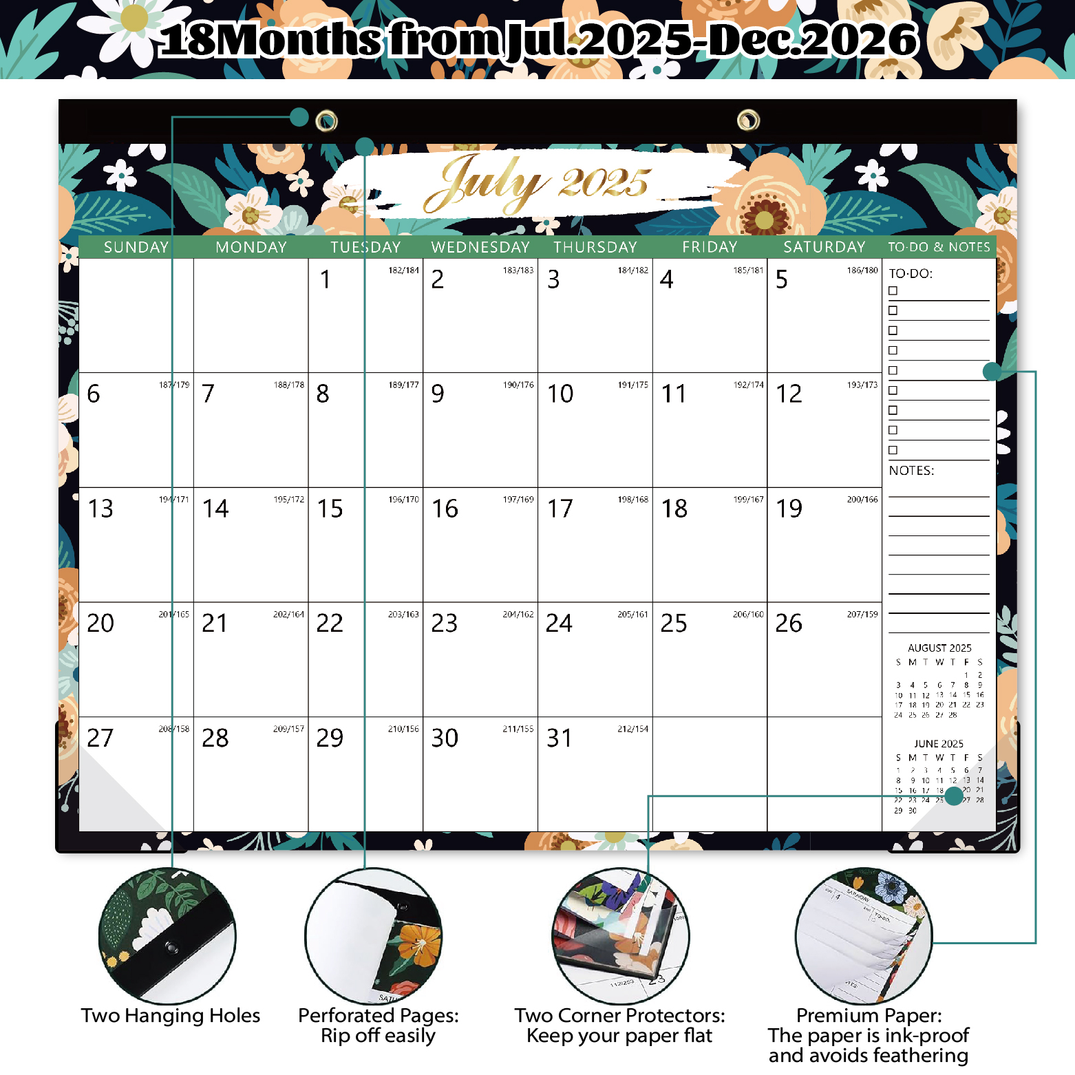 Floral Design Monthly Wall Calendar from Jul. 2025 - Dec. 2026 with Corner Protectors & Large Ruled Blocks