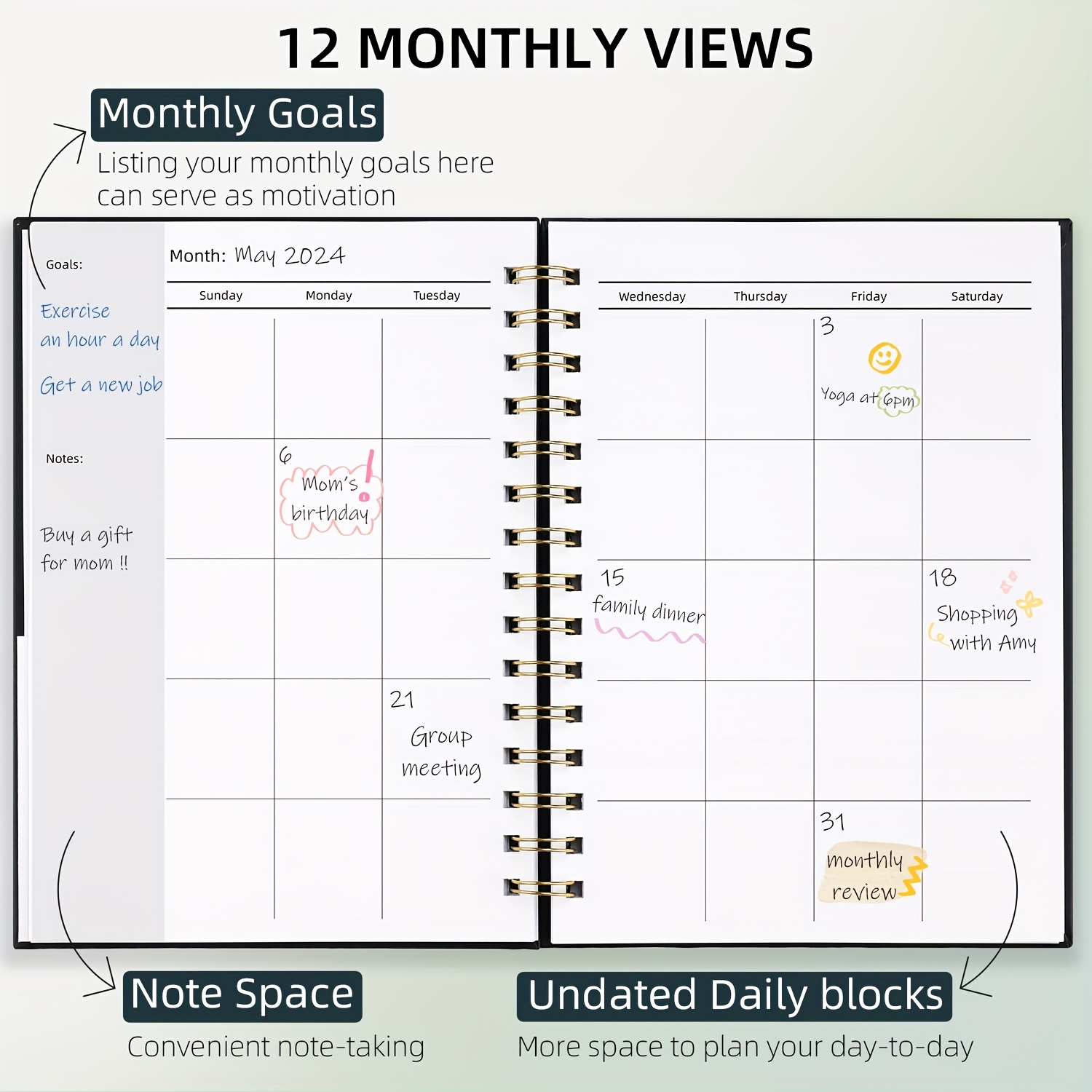 Spiral-Bound Undated Weekly & Monthly Planner 53 Week Agenda Journal Productivity Enhancing Stationery for Office Use