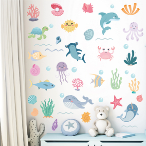 Cartoon Ocean Animals Wall Decals Peel and Stick Under The Sea Kids Room & Nursery Decor