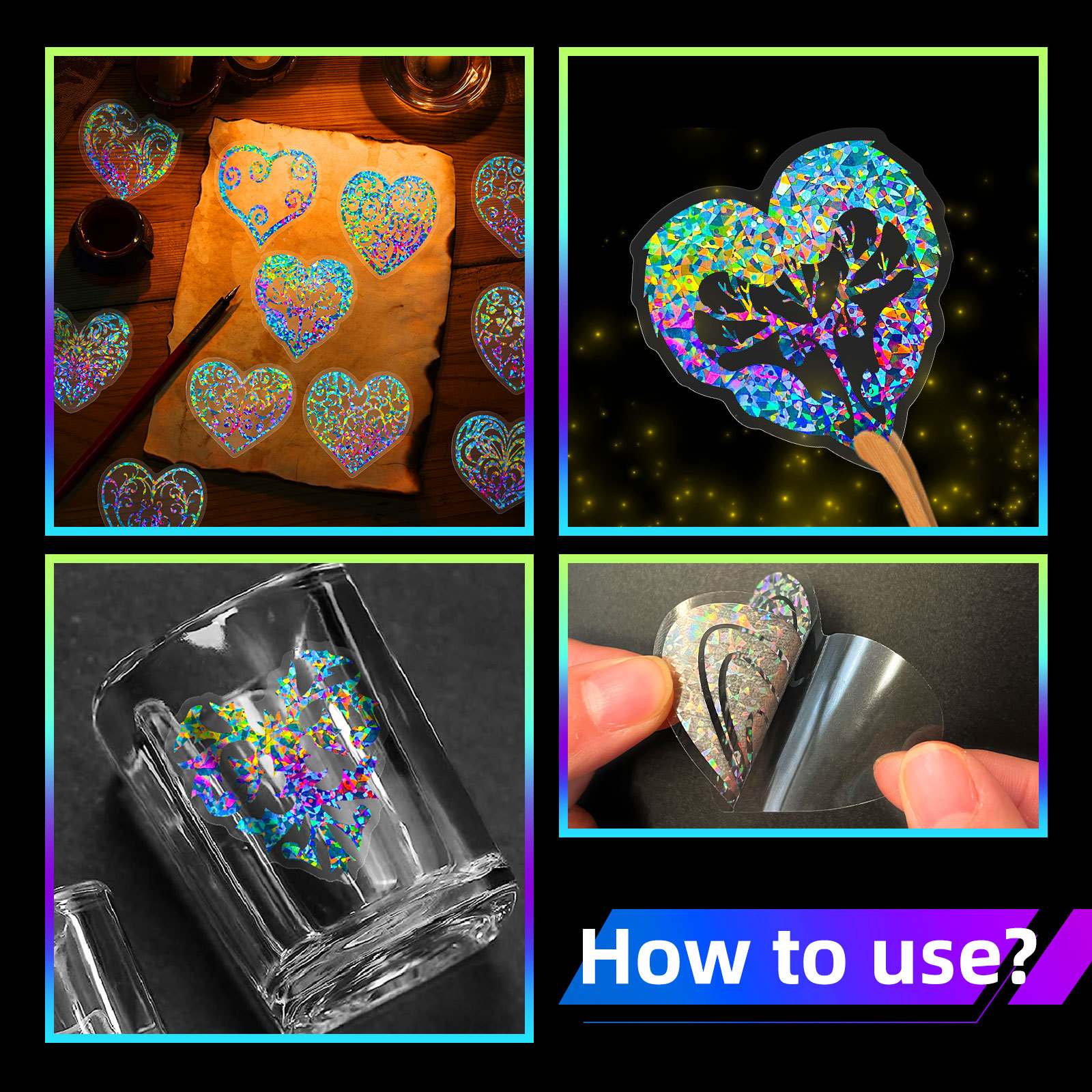 DIY Decorative Love Heart Shaped Transparent Holographic Glitter Stickers Laser Transparent Scrapbook Stickers