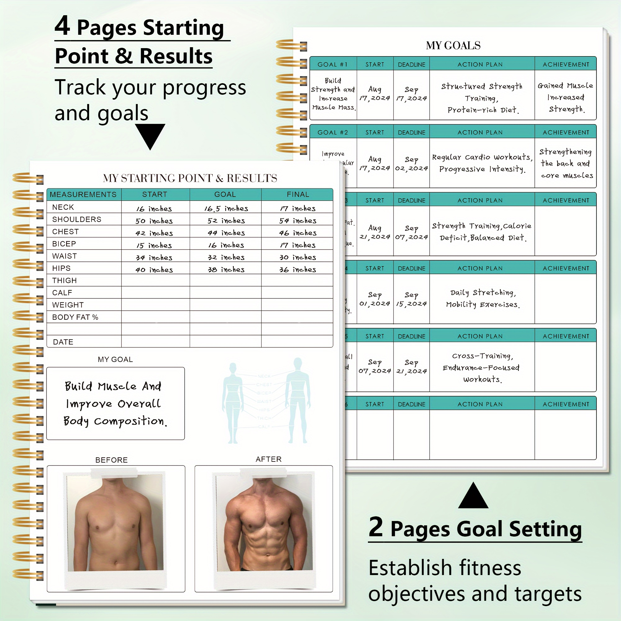 Spiral-Bound Laminated Cover A5 Spiral-Bound Fitness Planner Workout Journal Wellness Journal Notebook for Tracking Fitness