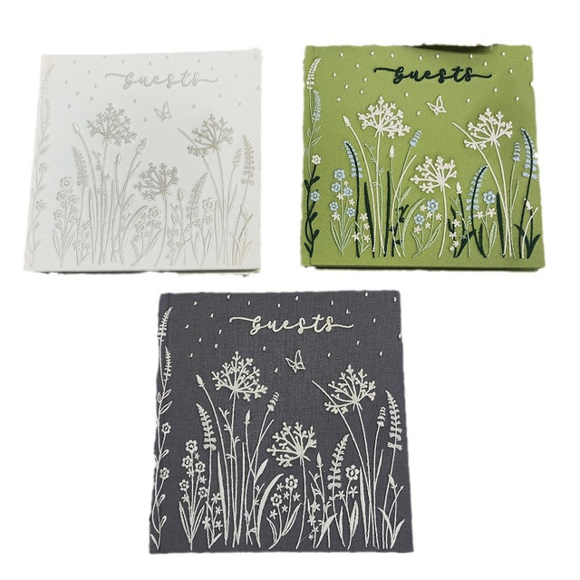 Lay-Flat Binding Embroidered Fabric Cloth Cover Guest Book Baby Shower Guest Book with Pen & Ribbon Bookmark