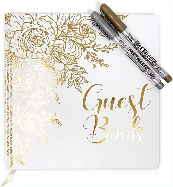 Hard Cover Gold Foil Gilded Edges Thick White Paper Photo Album Memory Sign in Wedding Guest Book with Pen