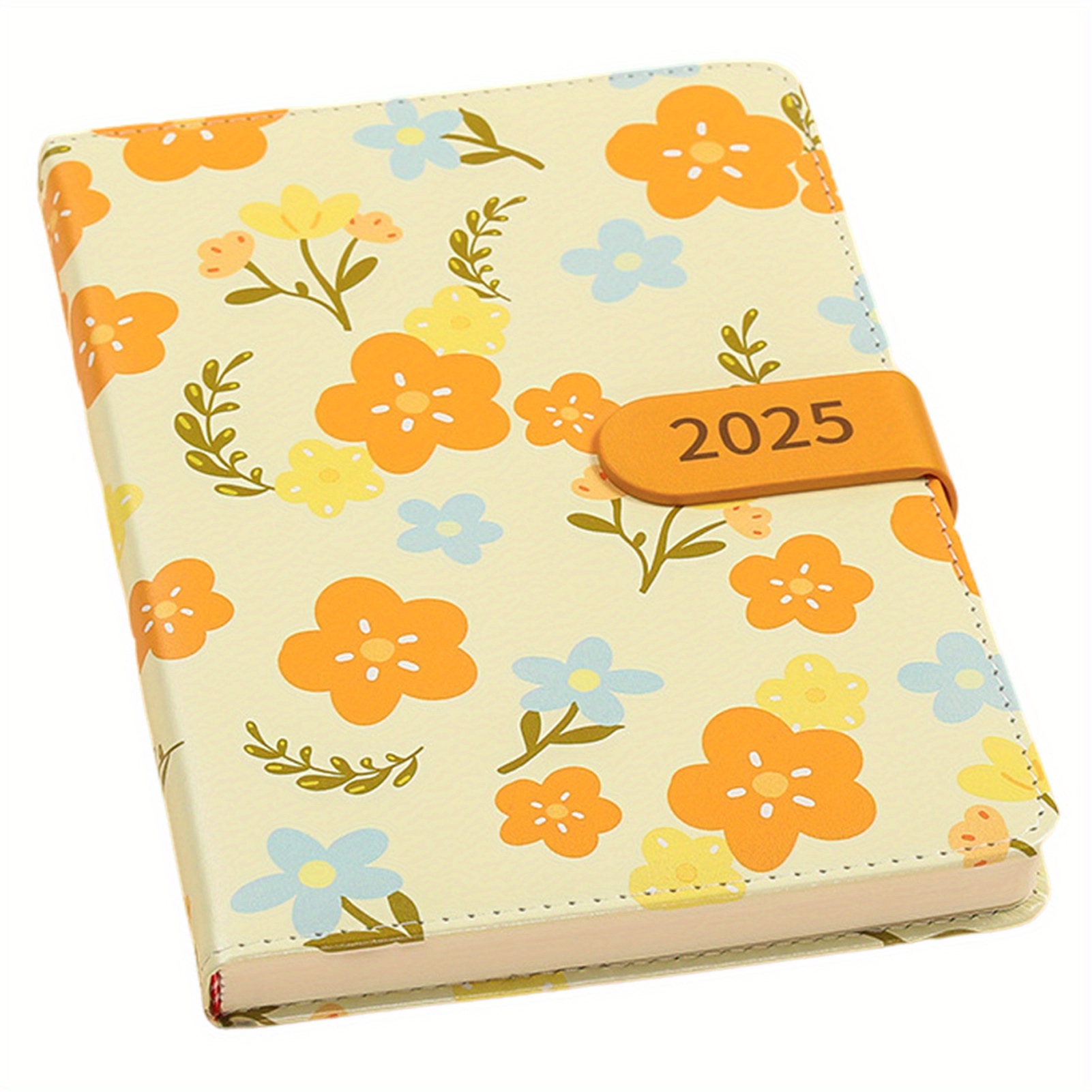 2025 Leather Floral Daily Planner Notebook with Flower Pattern, Daily Organizer Notebook with Button