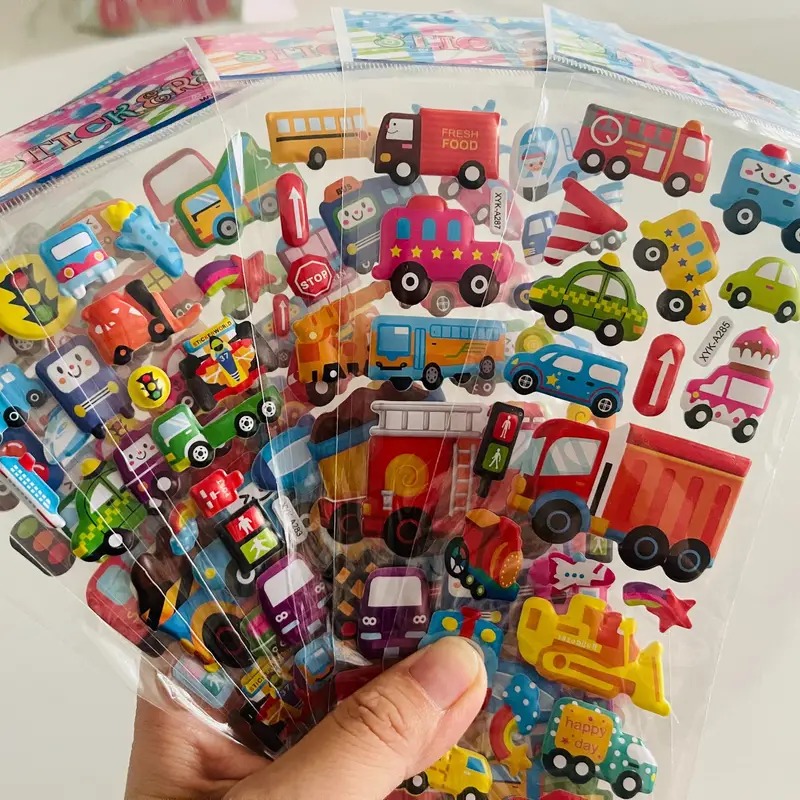 Self-Adhesive 3D Puffy Vehicle Stickers Reusable Construction Tractor Bus Taxi Fire Truck Car Stickers for Kids Toddlers Boy