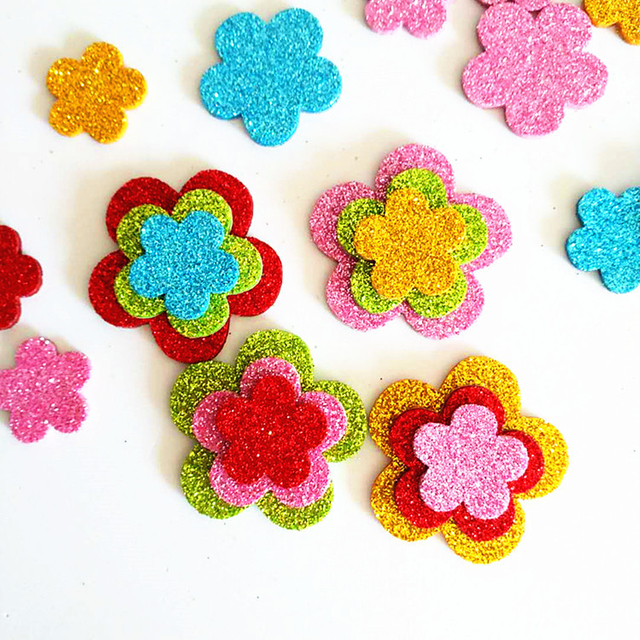EVA Foam Puffy Die Cut Rainbow Glitter Stickers Sparkle Flower Shaped Decoration