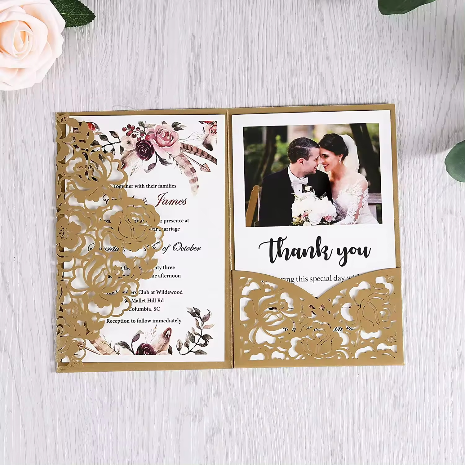 Blank Brown Gold Wedding Invitations Kits Laser Cut Wedding Invitation with Envelopes