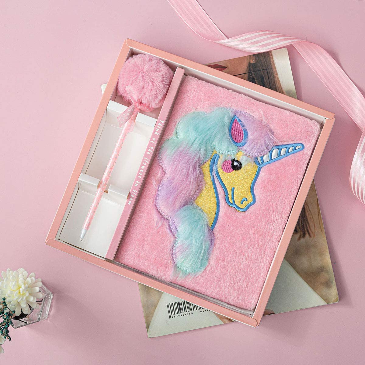 Unicorn Plush Notebook Gift Faux Fur Hardcover Diary Lined Travel Journal Set with Pom Pen for Girls